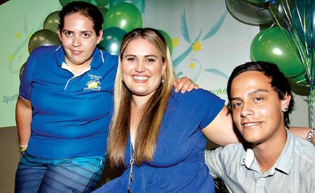 Marayke Jonkers (centre) with her sporting friends, Sara Wessling and Jarrod Law, at the Sporting Dreams Foundation awards function at University of the Sunshine Coast last night. - Warren Lynam